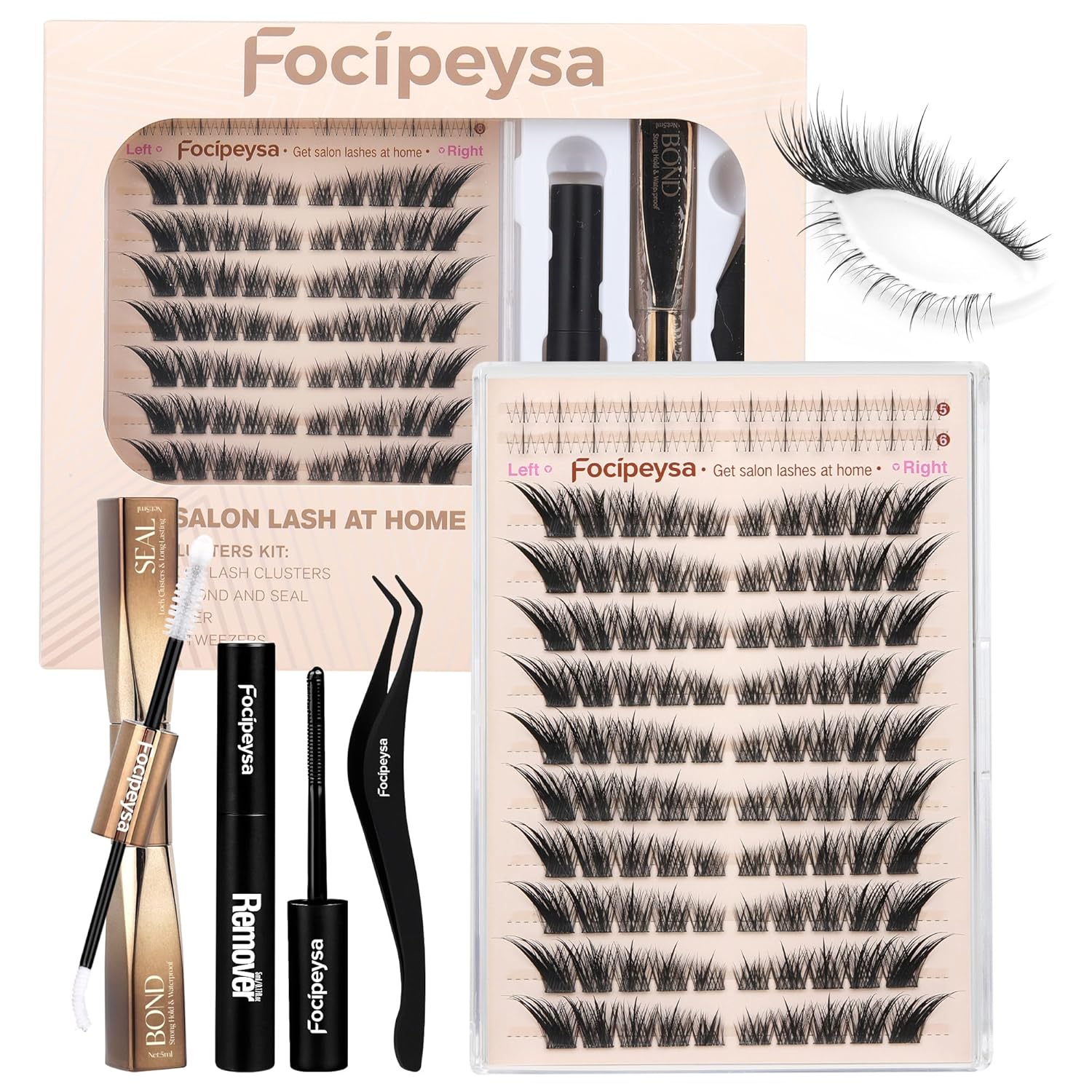 Focipeysa Fox Eye Lash Clusters Kit Fox Tail Lashes Cluster Eyelash Extensions Kit with Lash Bond and Seal, Lash Remover Lash，Lash Tweezers DIY Lash Clusters Set